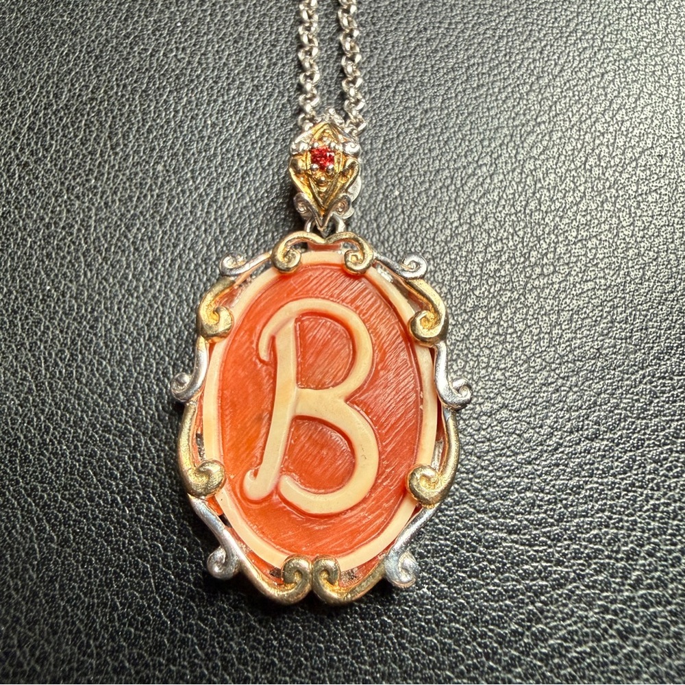 Sterling Gems en Vogue Carved Cameo & Orange Sapphire "B"Pendant 18" Rolo Chain